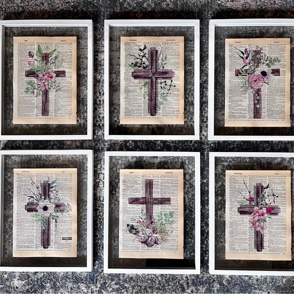 Vintage Dictionary Religious Cross Wall Art Collage Prints, Set of 6